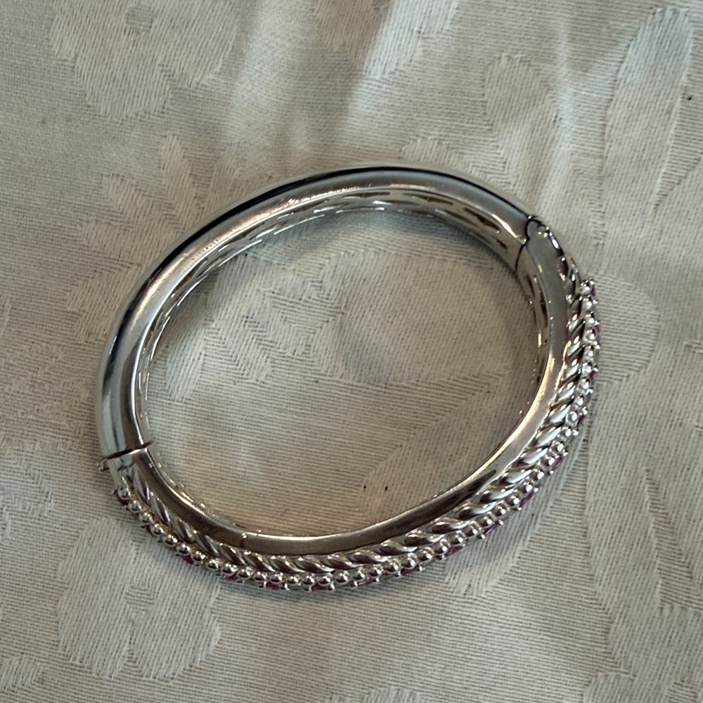 Silver Pink Crystal Hinged Bangle Bracelet - Picture 2 of 3